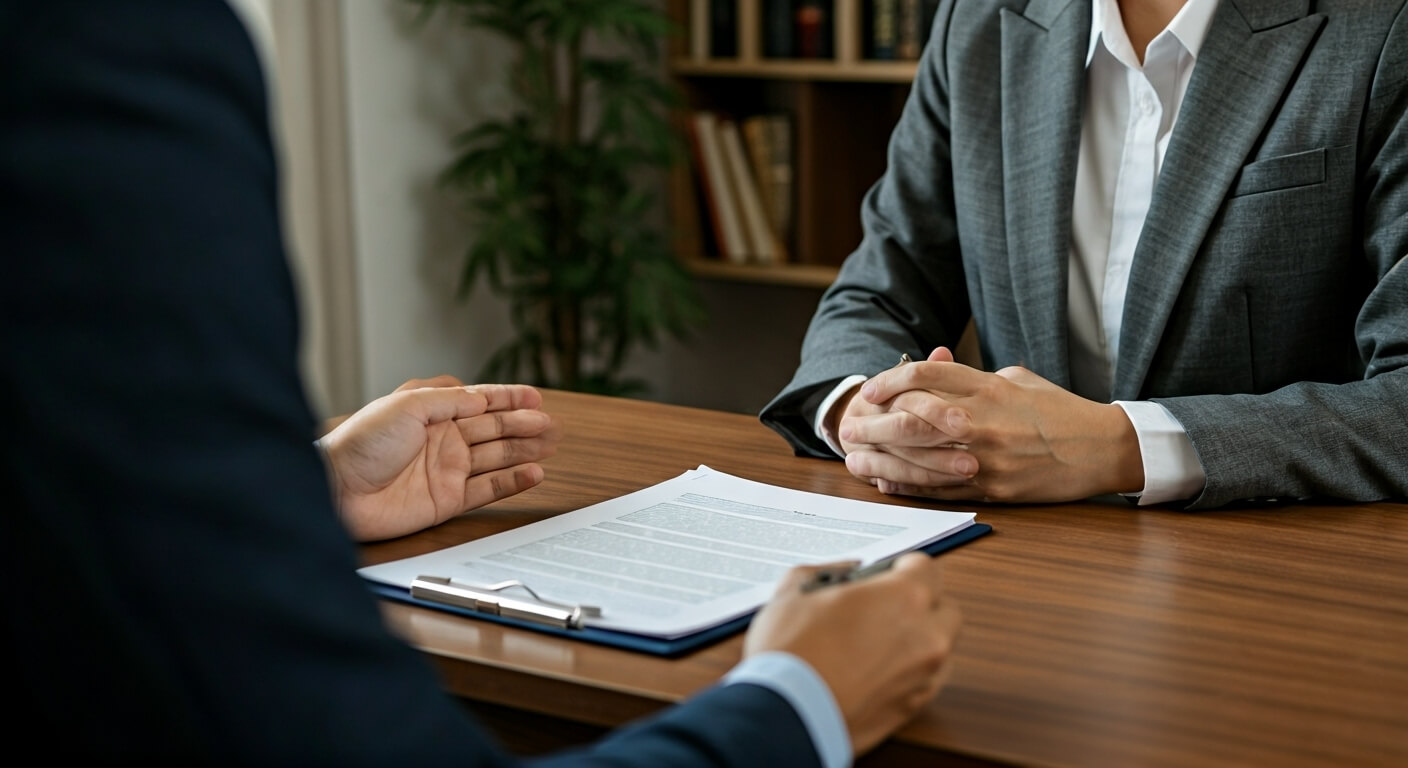 a man in suit sitting at a table with a paper and pen
