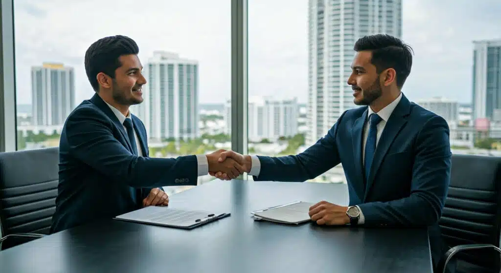 two men shaking hands at a table