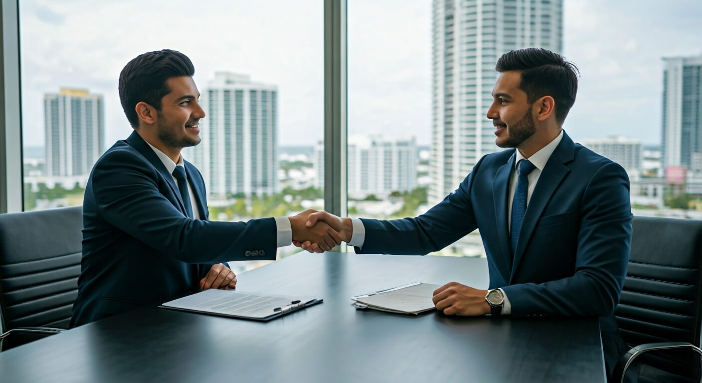 two men shaking hands at a table