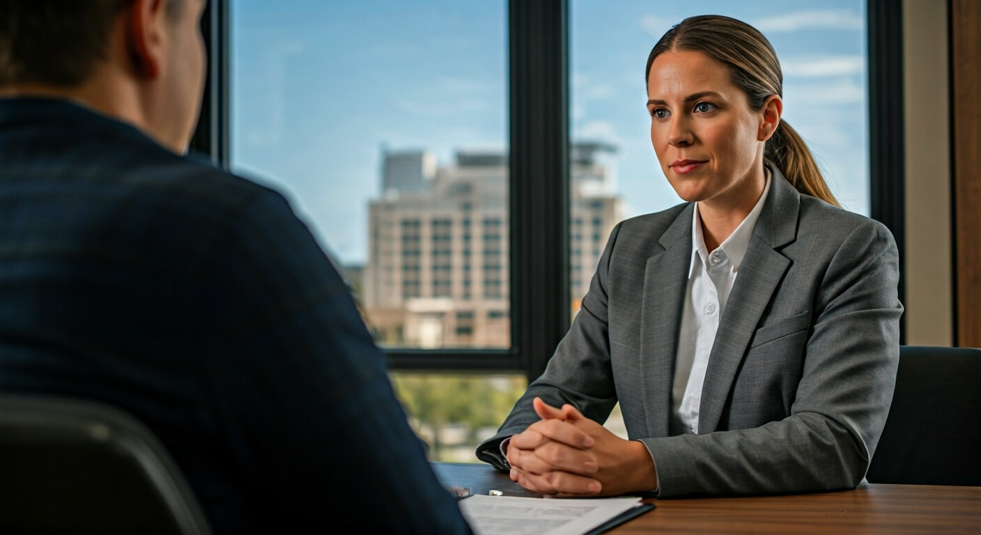 a woman in a suit sitting at a table with a man in a suit