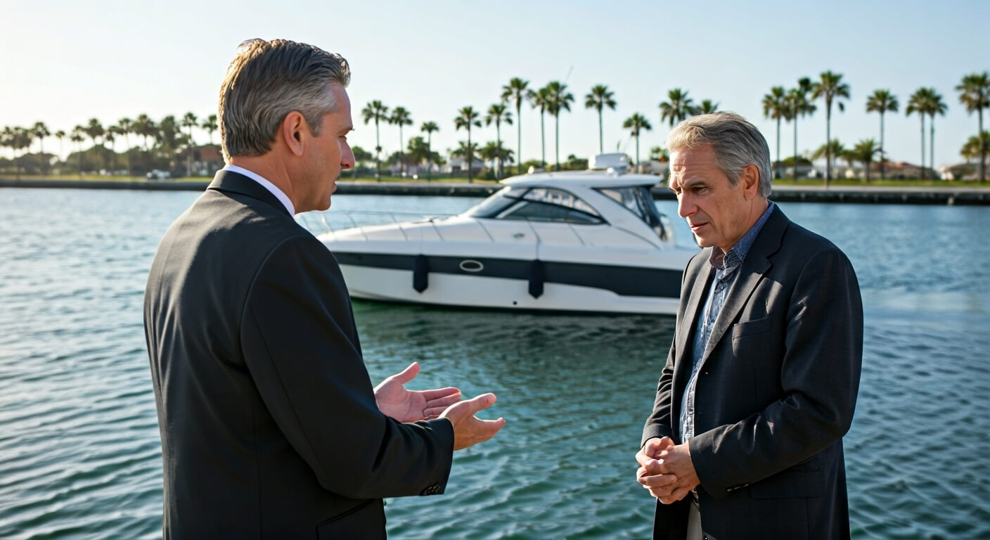 two men in suits talking on a dock near a boat