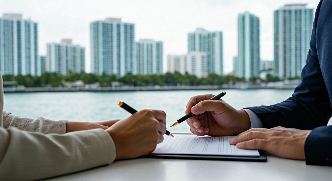 a man and woman signing a document