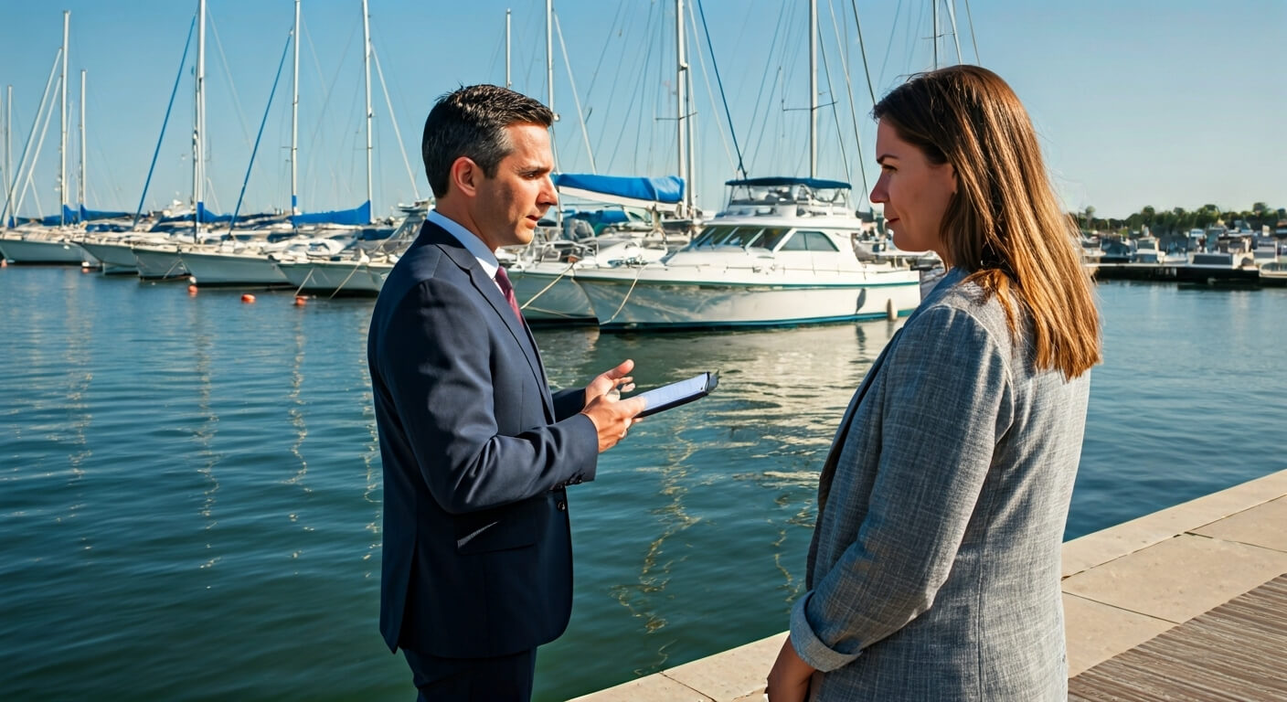 a man and woman standing on a dock with boats in the background