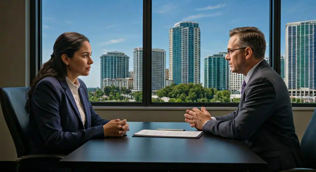a man and woman sitting at a table with a city view behind them