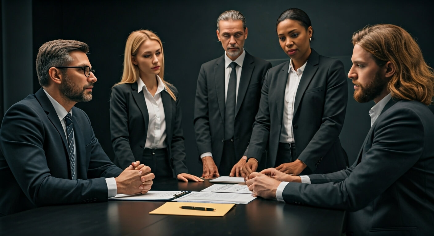 a group of people in suits around a table