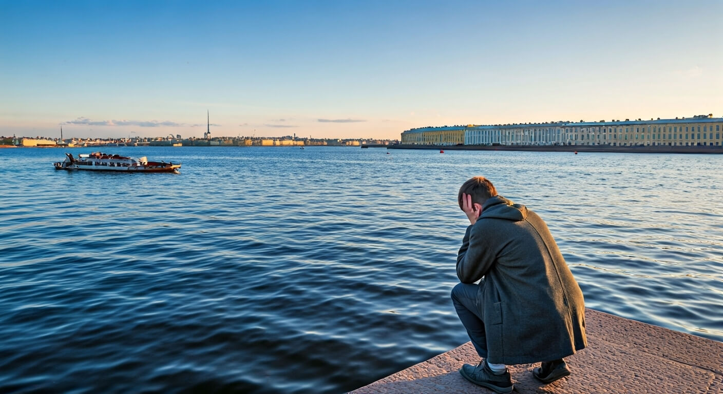a man sitting on a ledge looking at a body of water