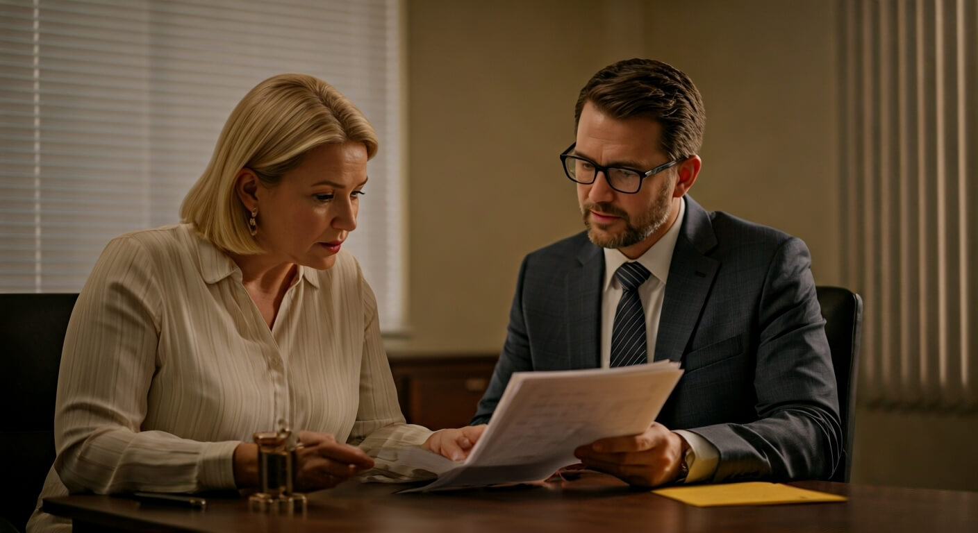 a man and woman looking at papers