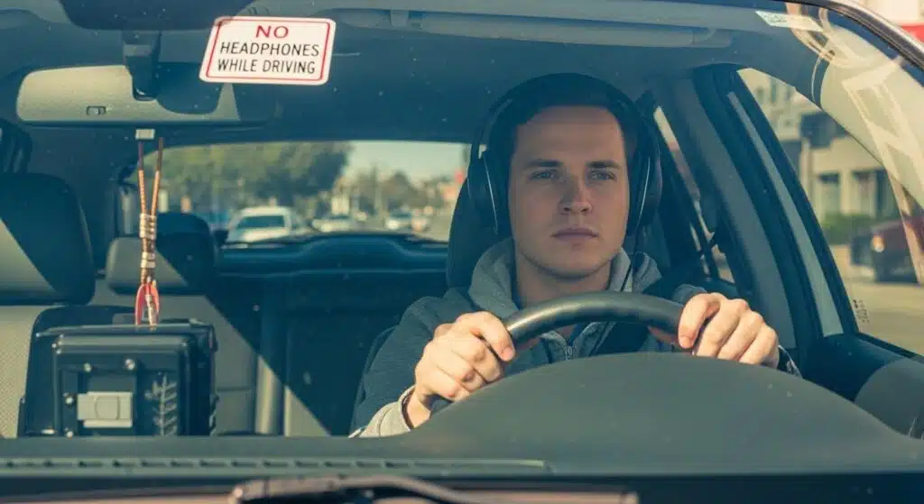 Driver wearing headphones illustrating distracted driving and phone evidence in Florida claims
