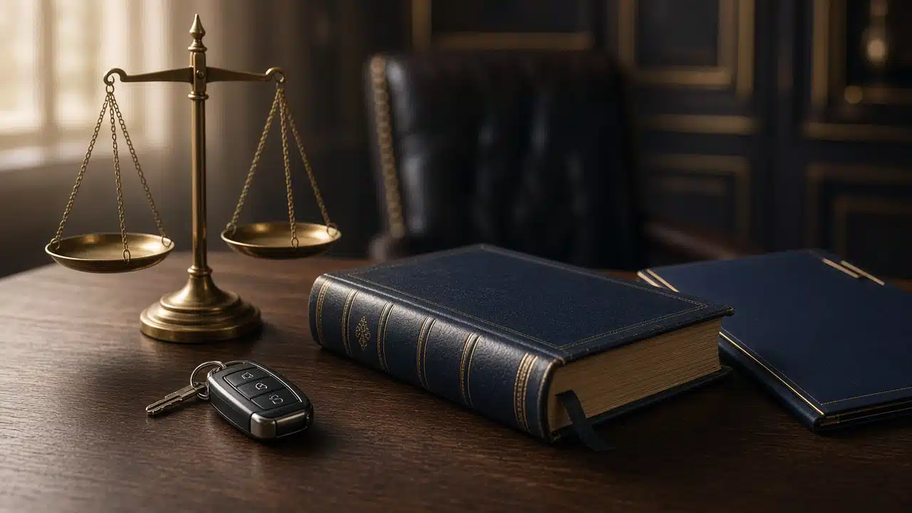 Brass scales of justice, a car key fob and leather-bound law books on a lawyer's wooden desk