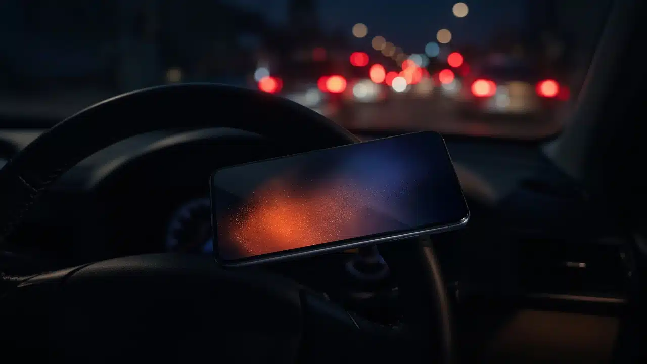 Smartphone held in front of a car steering wheel at night, with blurred brake lights in traffic ahead