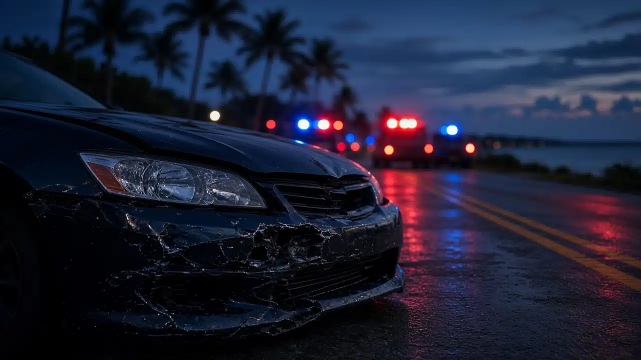 Damaged front end of a dark sedan on a wet Florida coastal road at dusk, with police lights and palm trees in the background